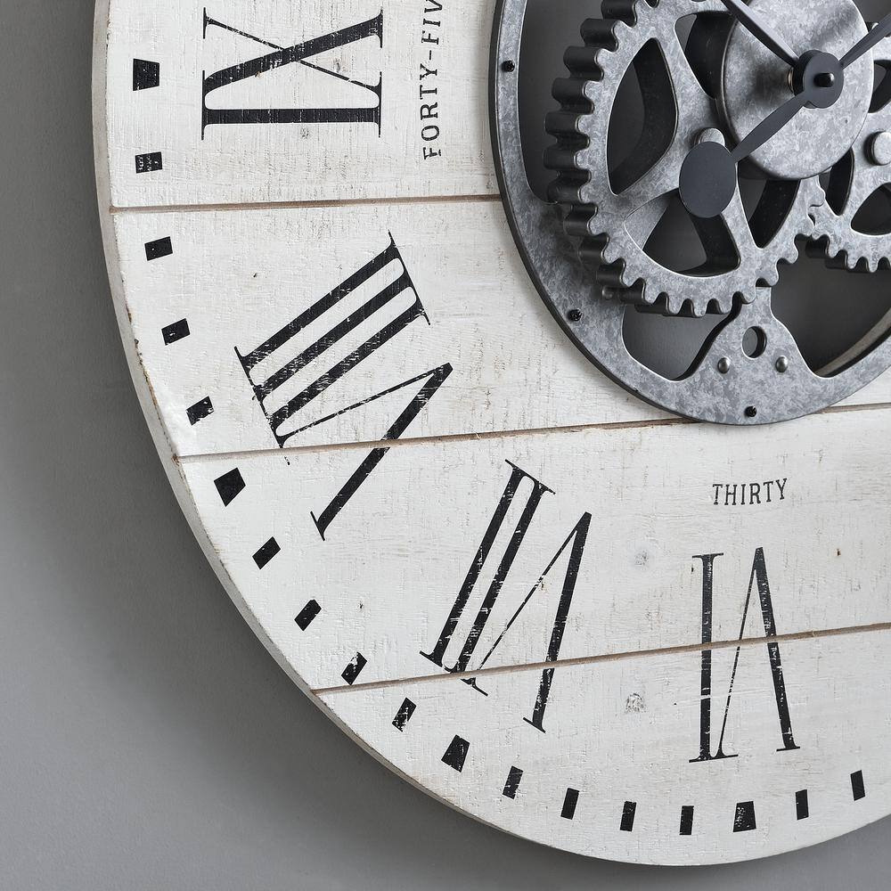 Oversized White Shiplap Gears Wall Clock with Galvanized Center