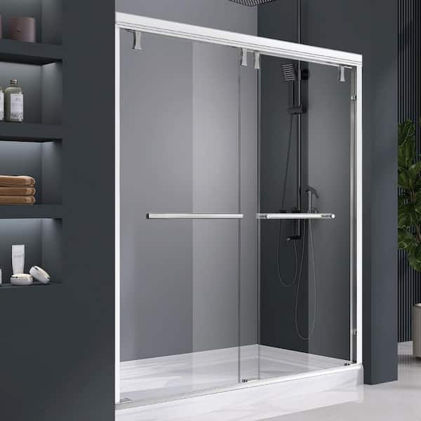 56 to 60 in. W x 76 in. H Double Sliding Frameless Shower Door in Chrome Finish with 5/16 in. Tempered Glass and Handle