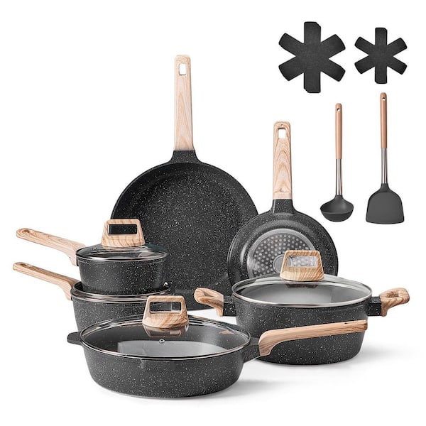 17 Piece Pots and Pans Set Nonstick, Granite Cookware Set, Induction Cookwares, Kitchen RV Cooking Sets, Black Aluminum