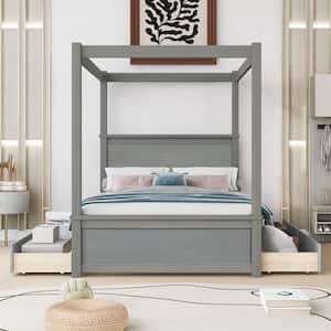 Brushed Gray Wood Frame Full Size Canopy Bed with 4-Drawers and 3-Central Support legs