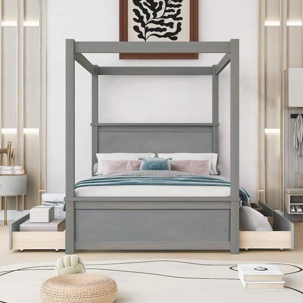 Harper & Bright Designs Brushed Gray Wood Frame Full Size Canopy Bed with 4-Drawers and 3-Central Support legs