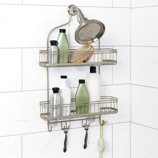 The Plumber's Choice Shower Caddy Over Shower Head Basket Shelf with Hooks Hanging Sponge Shampoo Holder Organizer Stainless Steel in Chrome