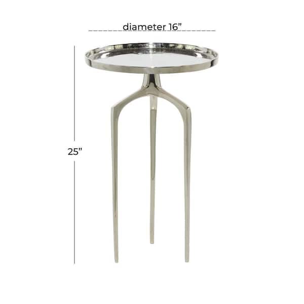 16 in. Silver Tray Inspired Top Large Round Aluminum End Accent Table with 3 Tripod Legs