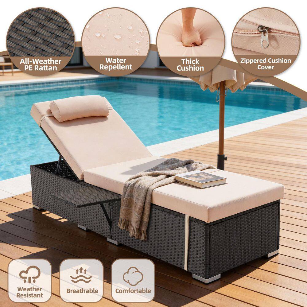 Close-up features of the brown wicker chaise lounge chair including water-repellent fabric and thick cushions.