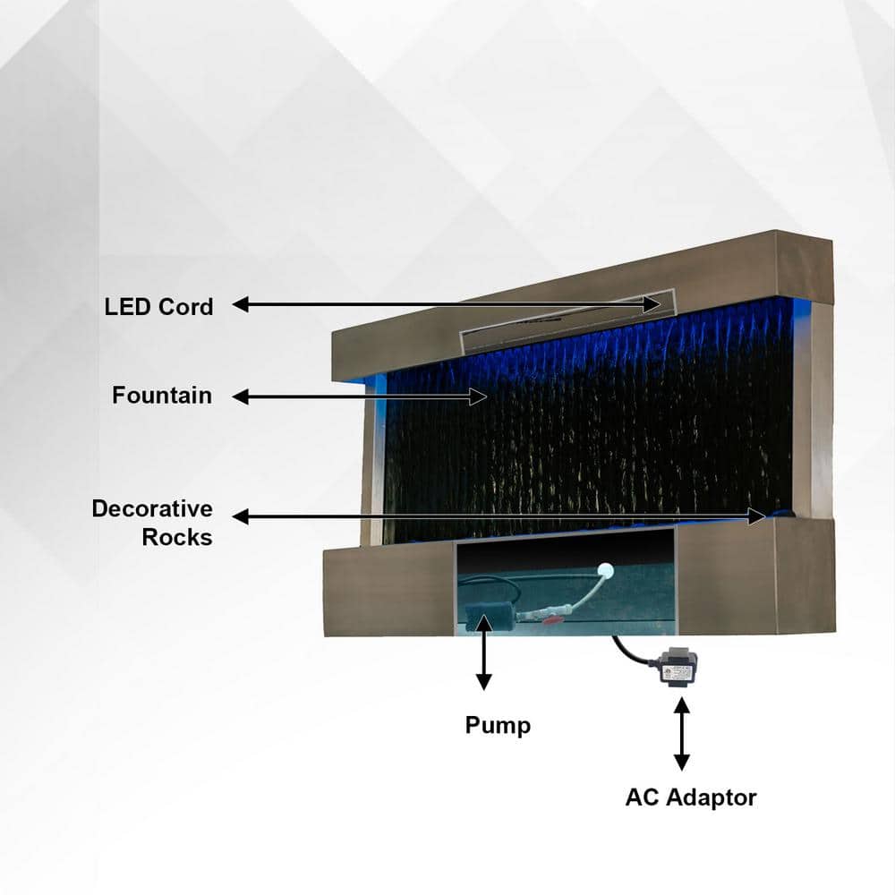 47" Black Glass Wall-Mounted Waterfall Fountain with LED Lights