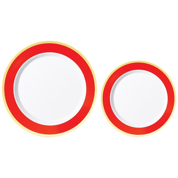 Amscan 10.25 in. and 7.5 in. Round Hot Stamped Plastic Apple Red Border Plates Multipack (20-Piece)
