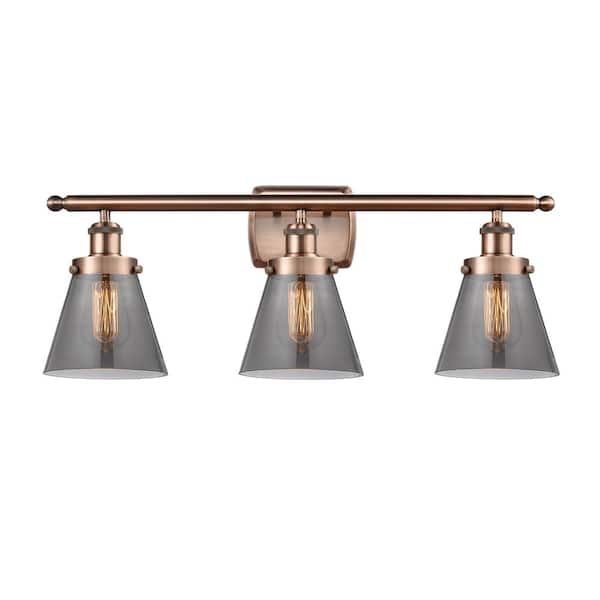 Cone 26 in. 3-Light Antique Copper, Plated Smoke Vanity Light with Black Glass Shade