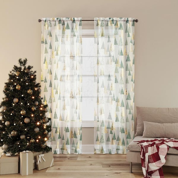 Sun Zero Balsam Christmas Tree Pine Green Polyester 37 in. W x 63 in. L Rod Pocket Sheer Curtain (Single Panel)