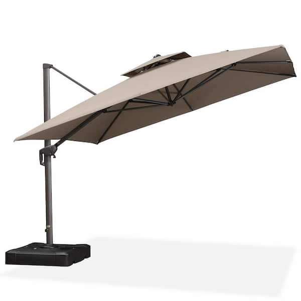 PURPLE LEAF 11 ft. Square 2-Tier Aluminum Cantilever 360° Rotation Patio Umbrella with Base in Ground, Beige