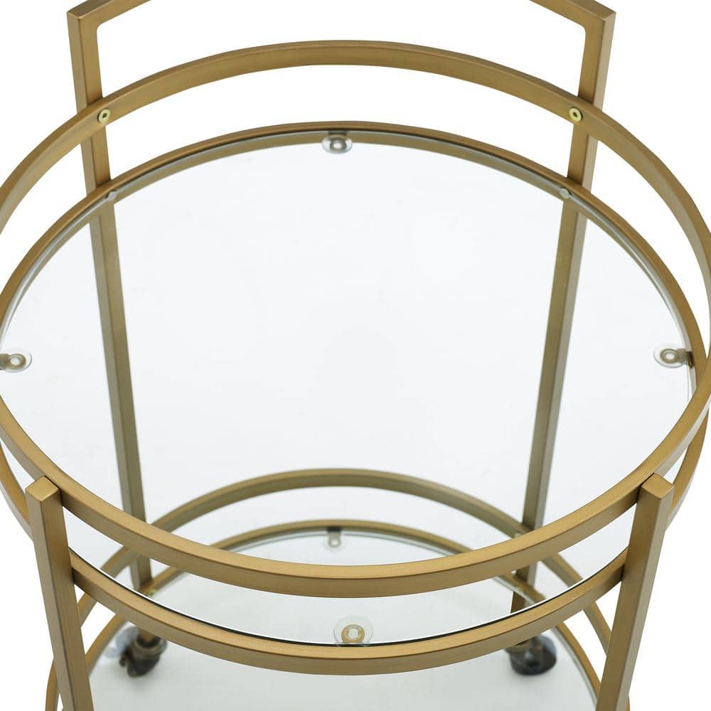 Bailey Modern Round Gold Bar Cart with Tempered Glass Shelves