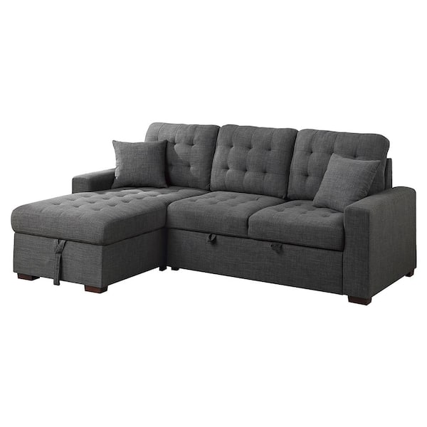 Lazzara Fairborn 87 in. Straight Arm 2-piece Textured Fabric Sectional Sofa in Dark Gray with Pull-out Bed and Left Chaise
