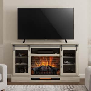 Bramble 63 in. Freestanding Electric Fireplace TV Stand with Sliding Mesh Barn Door in Washed Blonde Walnut