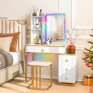 2-Piece White Makeup Vanity Set with RGB LED Lights Crystal Crush Diamond Mirror Drawers