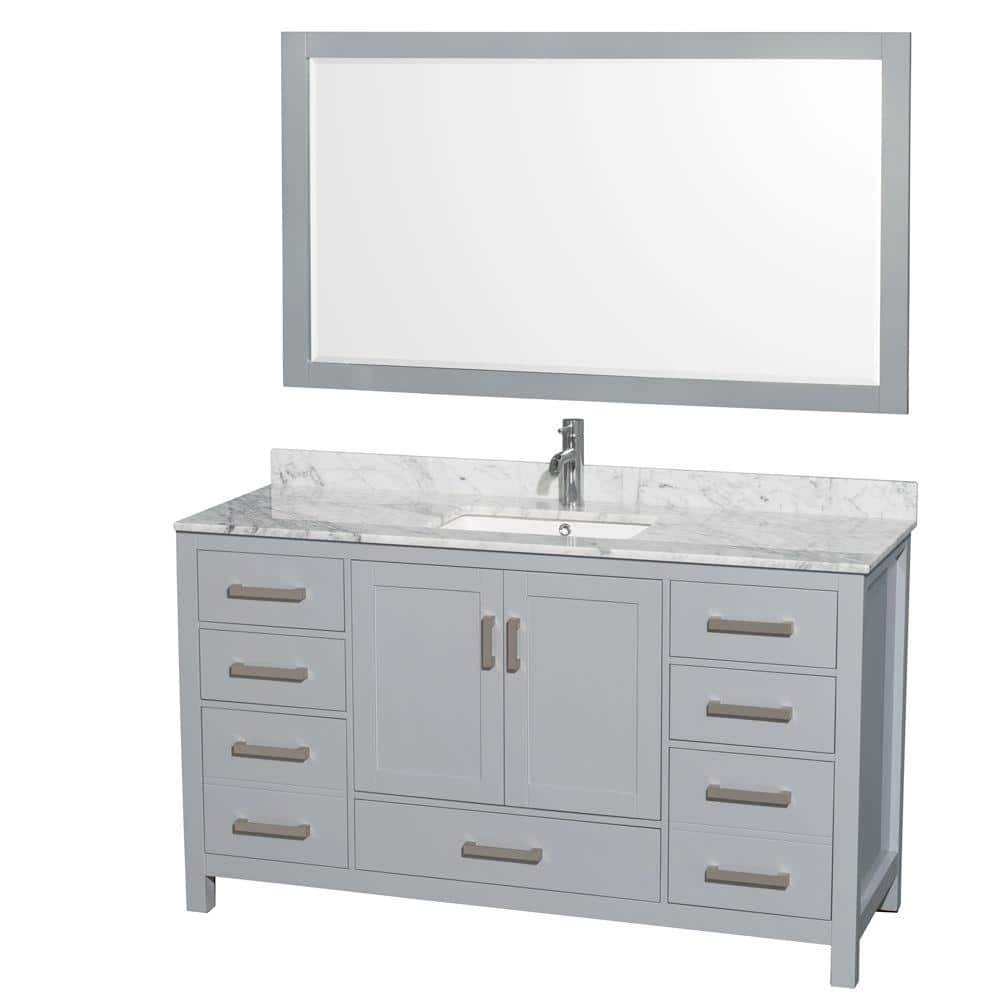 Sheffield 60 in. W x 22 in. D x 35 in. H Single Bath Vanity in Gray with White Carrara Marble Top and 58"" Mirror -  Wyndham Collection, 700161157970