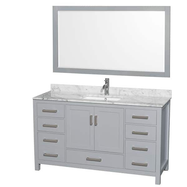 Wyndham Collection Sheffield 60 in. W x 22 in. D x 35 in. H Single Bath Vanity in Gray with White Carrara Marble Top and 58" Mirror