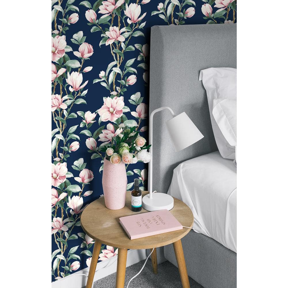 Navy and Blush Floral Vinyl Peel and Stick Wallpaper Roll