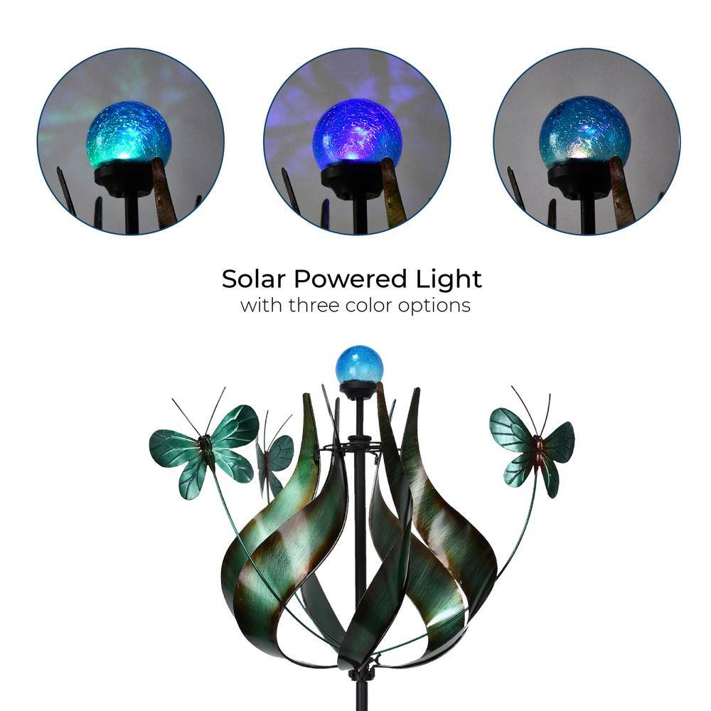 Teal Metal Tulip and Butterfly Kinetic Windmill with LED Light