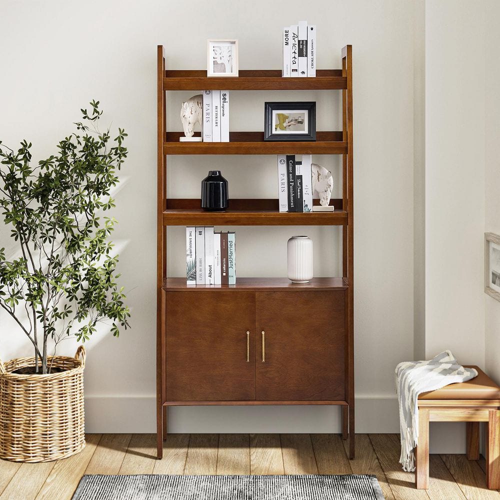 Andrei 76 in. H x 36 in. W Walnut Wood Frame 3-Open Shelves Ladder Bookcase