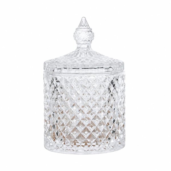 Countertop Diamond-Facet Glass Apothecary Storage Jar with Lid for Bathroom Vanity Organizer in Clear