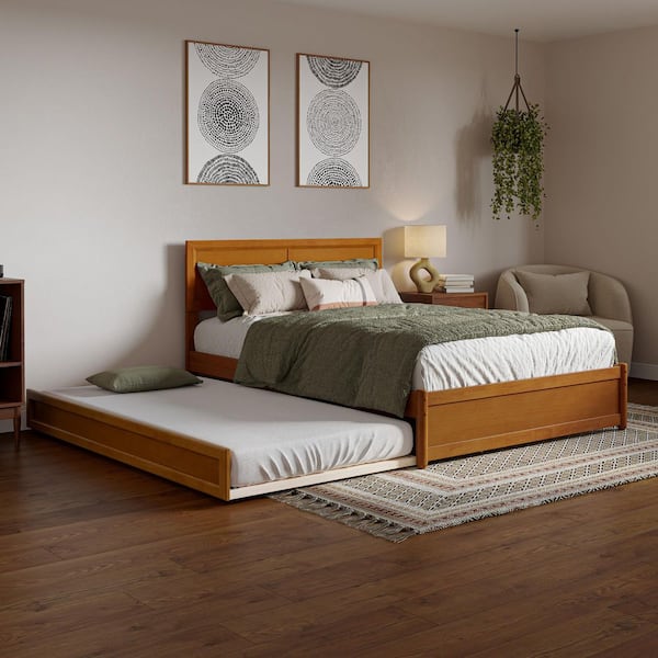 Lylah Light Toffee Natural Bronze Solid Wood Frame Full Platform Bed with Panel Footboard and Twin Trundle
