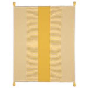 Radiant Yellow/White Hand-Woven Striped Contemporary Organic Cotton Throw Blanket
