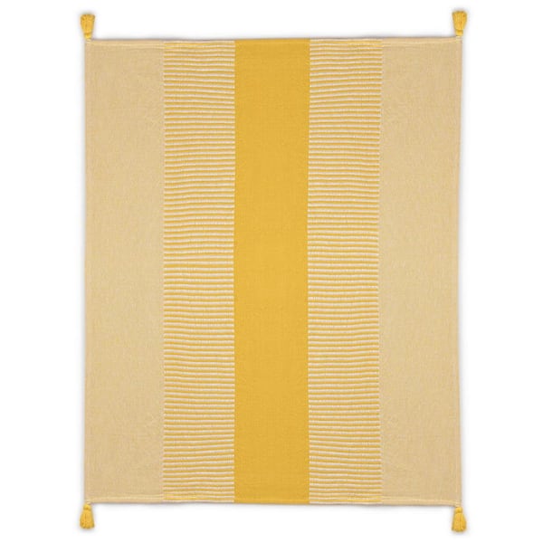 LR Home Radiant Yellow/White Hand-Woven Striped Contemporary Organic Cotton Throw Blanket