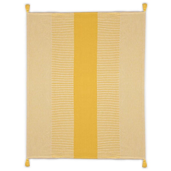 Unbranded Radiant Yellow/White Hand-Woven Striped Contemporary All Natural Cotton Throw Blanket