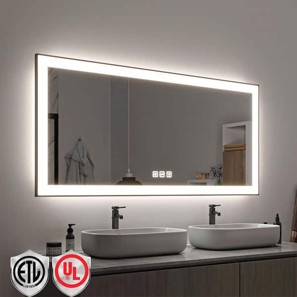 60 in. W x 28 in. H Rectangular Framed LED Anti-Fog Wall Mirror in Black with Backlit and Front Light