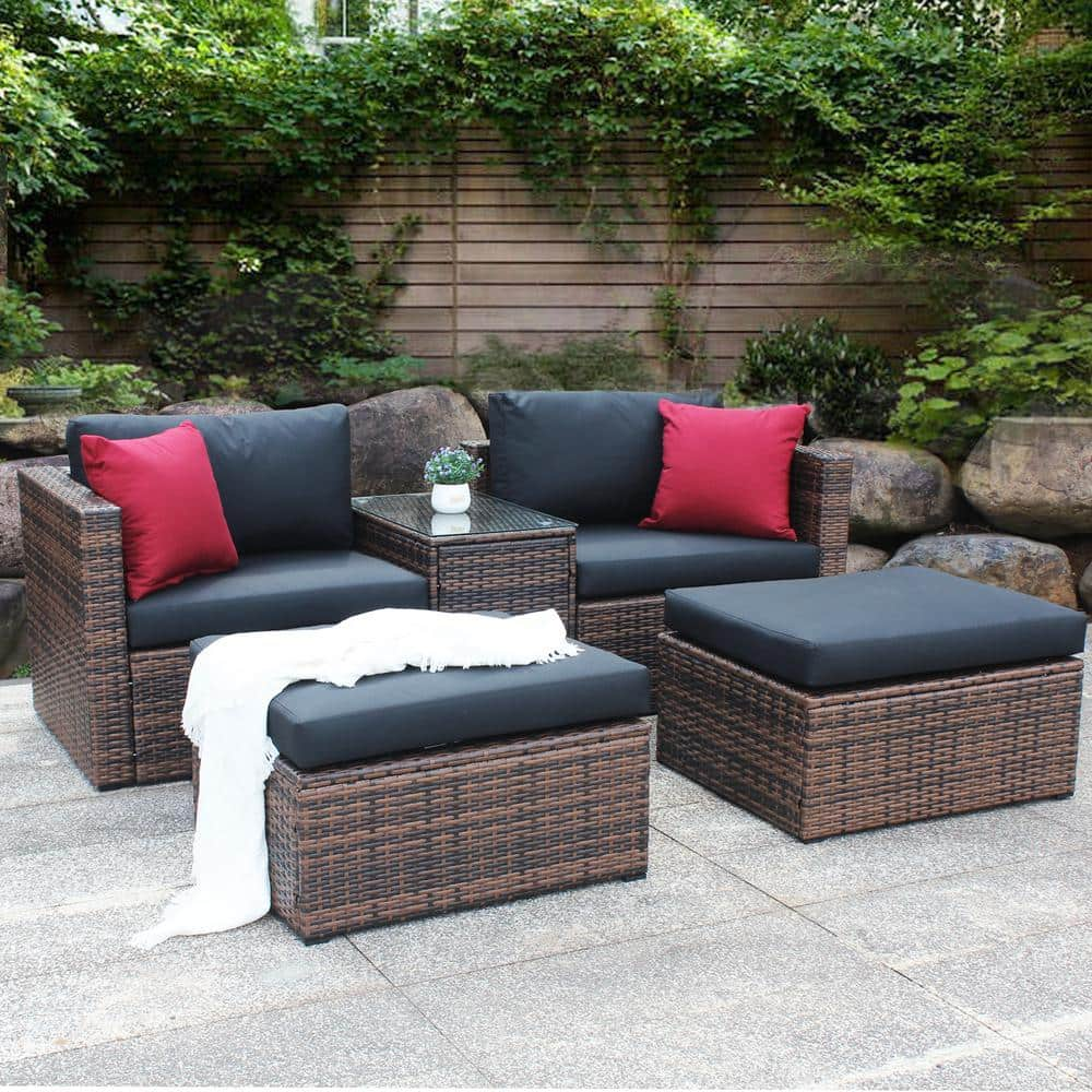 Harper & Bright Designs 5-Pieces Brown Wicker Outdoor Sectional Set ...