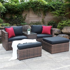 5-Pieces Brown Wicker Outdoor Sectional Set with Black Cushions and Red Pillows and Protection Cover