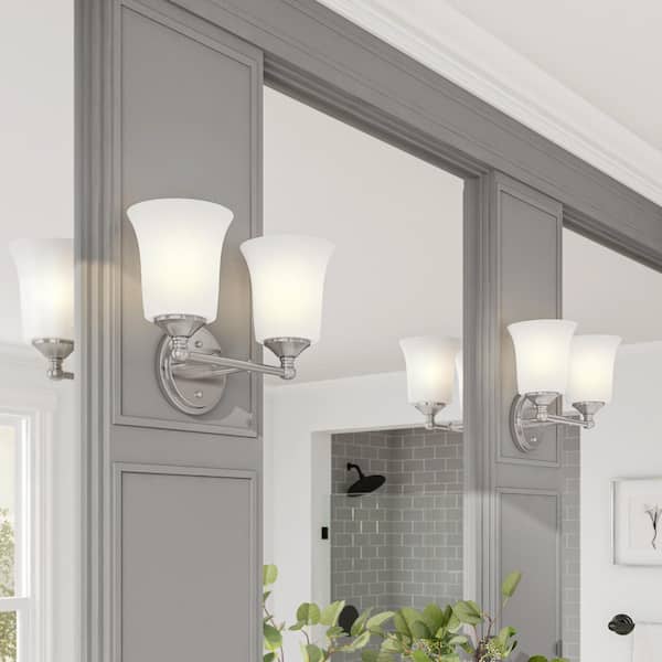 Designers Fountain Bronson 13.25 in. 2-Light Brushed Nickel Modern Vanity Light with Etched Glass Shade