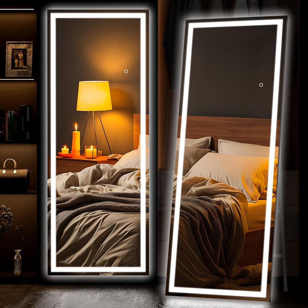 20 in. W x 67 in. H Square Black LED Lighted Floor Standing Mirror, Full Bo