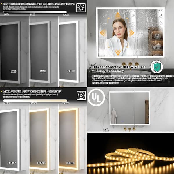 40 in. W x 30 in. H Rectangular Silver Aluminum Recessed/Surface Mount Dimmable Medicine Cabinet with Mirror & Defogger