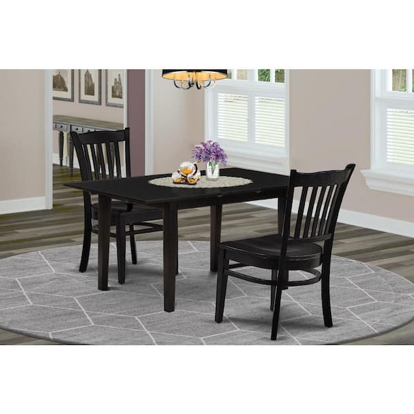East West Furniture 3-Piece Black Finish Rectangular Solid Wood Top With Butterfly Leaf Dining Table Set