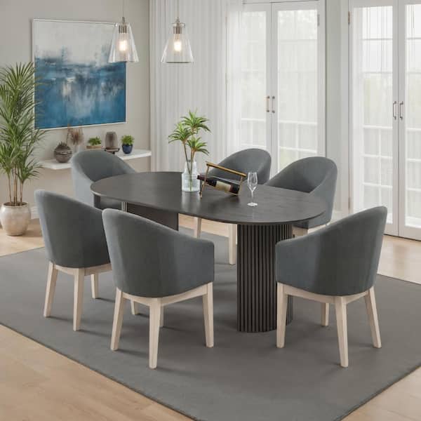 7-Piece Dining Set, 80" Gray Oak Oval Table, Dual Pedestal Base, 6 Gray Upholstered Barrel Chairs