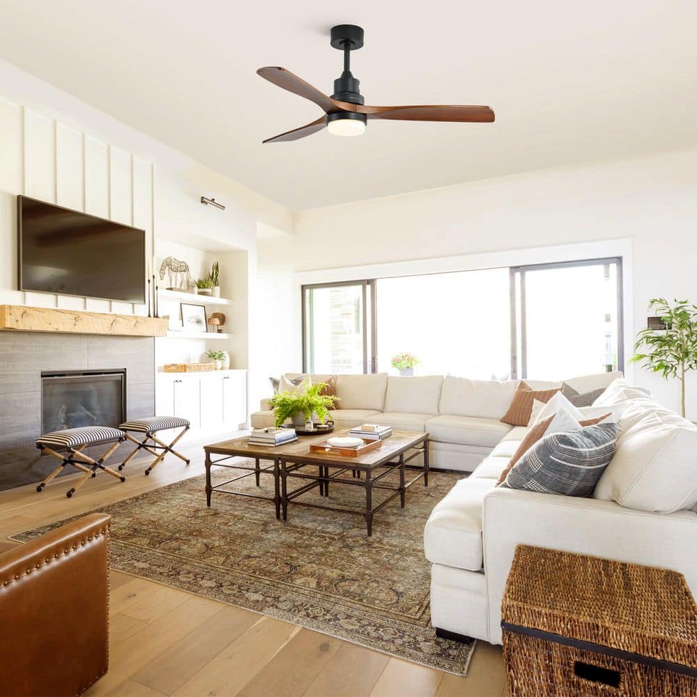 52 in. Smart Indoor Matte Black Downrod Mount Standard Ceiling Fan with Solid Wood Blades, Dimmable, Remote Control price history on PriceWatchPro