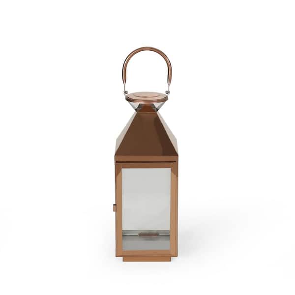 Noble House Kestrel Rose Gold Candle 15.50 in. Stainless Steel Outdoor Patio Lantern