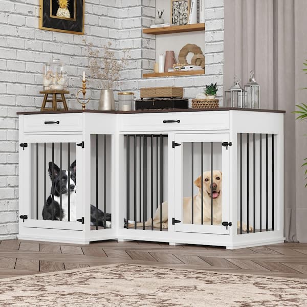 FUFU&GAGA Large Dog Crate Furniture for 2 Dogs, Indoor Wooden Dog Kennel Corner Dog Crate with Drawers Perfect for Limited Room