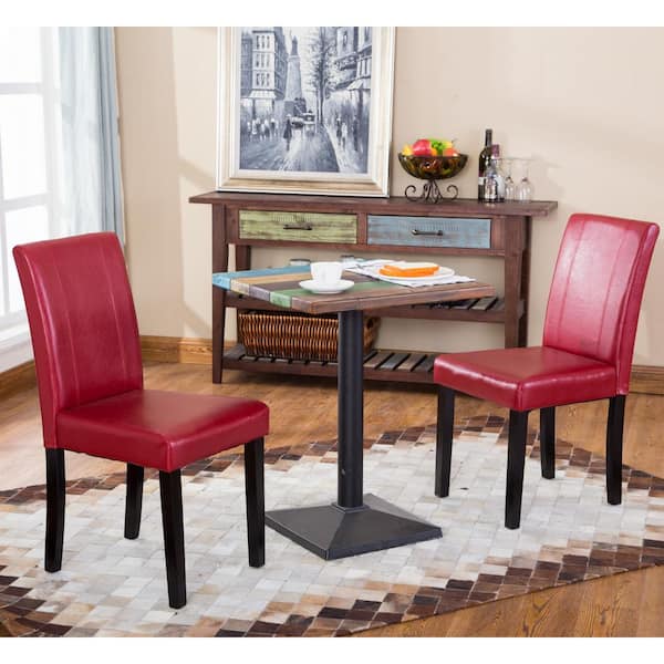 Noble House Brens Red Leatherette Parson-Style Dining Chairs, Solid Wood Legs and Frame, Set of 2