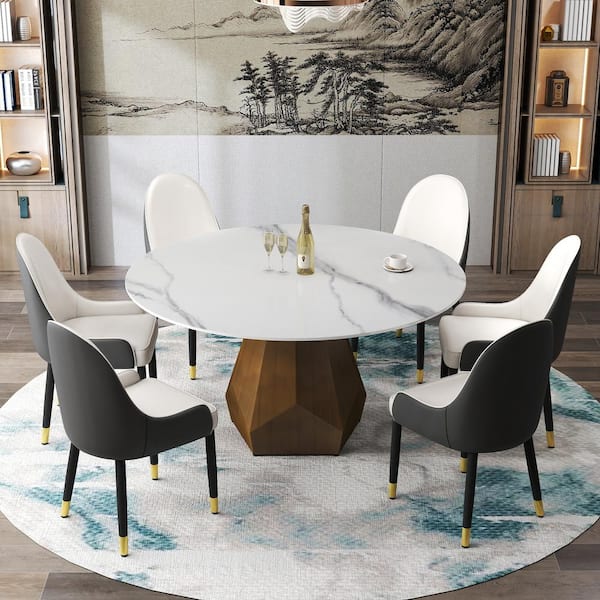 59 in. White Circular Sintered Stone Tabletop Bronze Pedestal Base Kitchen Dining Table (Seats 8)