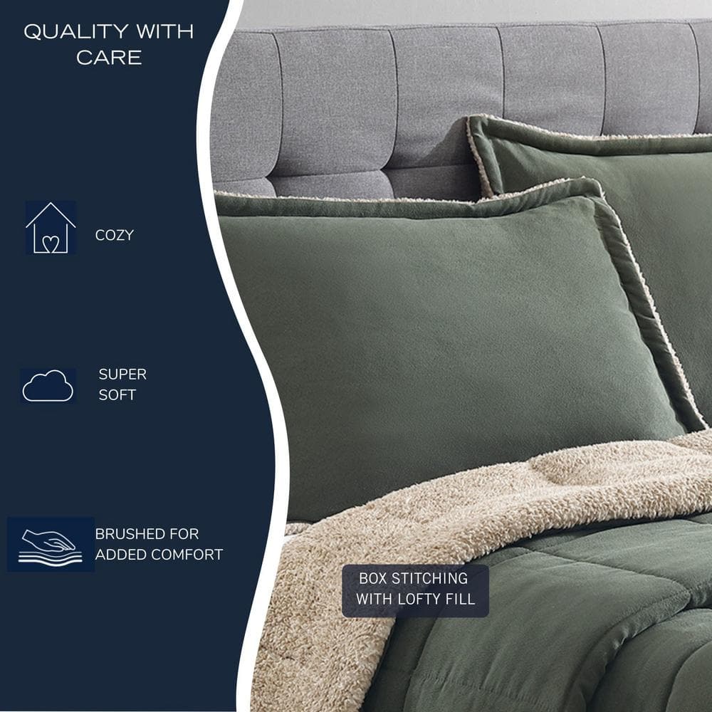 Hunter Green Microsuede and Sherpa Reversible Full Comforter Set