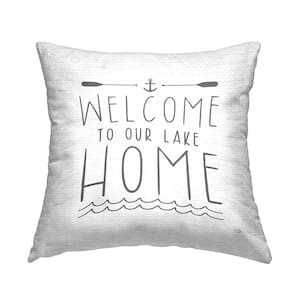 Lake House Welcome Phrase Off-White Square Outdoor Throw Pillow