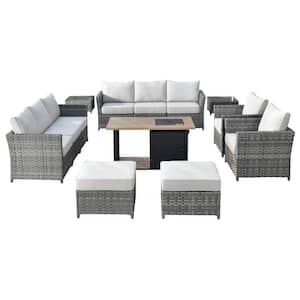 Eufaula Gray 13-Piece Wicker Modern Outdoor Patio Conversation Sofa Set with a Storage Fire Pit and Beige Cushions