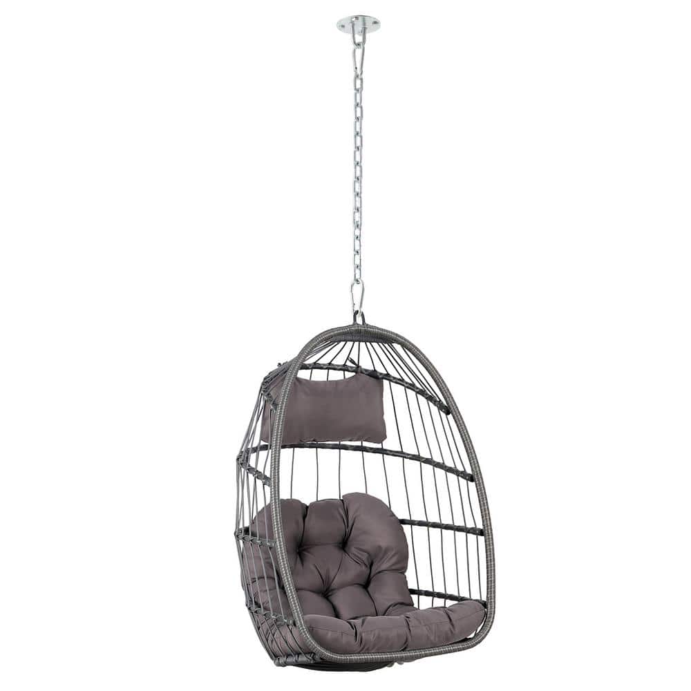 Wicker Patio Porch Swing Hanging Egg Chair with Dark Grey Cushion