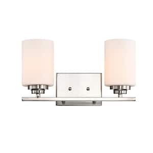 14 in. 2-Light Brushed Nickel Vanity Light with White Etched Glass Shades