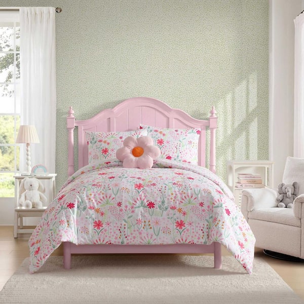 Laura Ashley Sunshine Flowers 4 Piece Pink/Green Microfiber Full/Queen Comforter Bonus Set