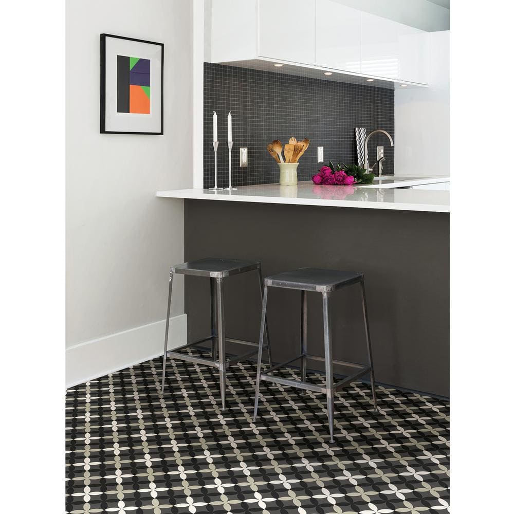 Arbor Black and Gray Floral Geometric Vinyl Peel & Stick Floor Tiles