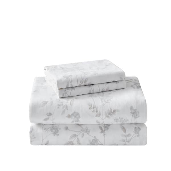 Laura Ashley Fawna Flannel 3-Piece Grey Floral Cotton Twin Sheet Set