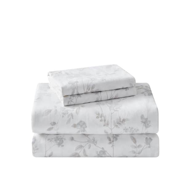 Laura Ashley Fawna 4-Piece Gray Floral Cotton Sheet Set Full