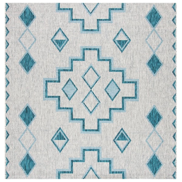 SAFAVIEH Courtyard Gray/Teal 7 ft. x 7 ft. Square Geometric Indoor/Outdoor Patio  Area Rug